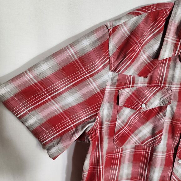Haband Men Shirt Size XL Short Sleeve Pearl Snap Front Red Plaid Pockets Western - Picture 6 of 10